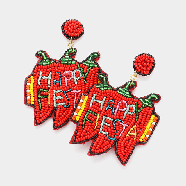 Madeline Love Red HAPPY PIESTA Message Felt Back Seed Beaded Chili Pepper Dangle Earrings