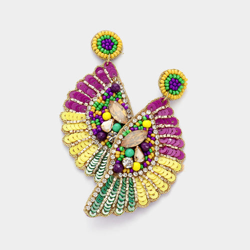 Felt Back Mardi Gras Sequin Stone Beaded Dangle Earrings - Multi