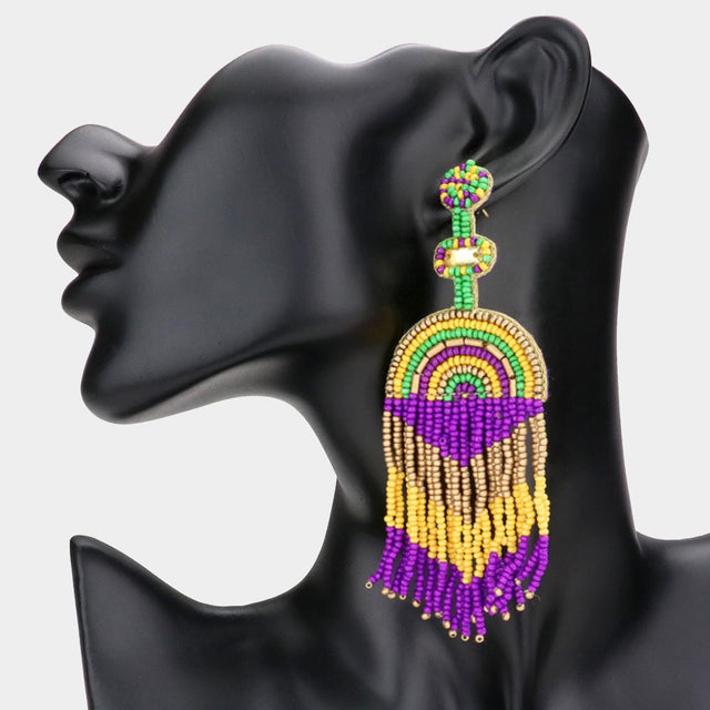 Multi Felt Back Mardi Gras Seed Beaded Fringe Dangle Earrings