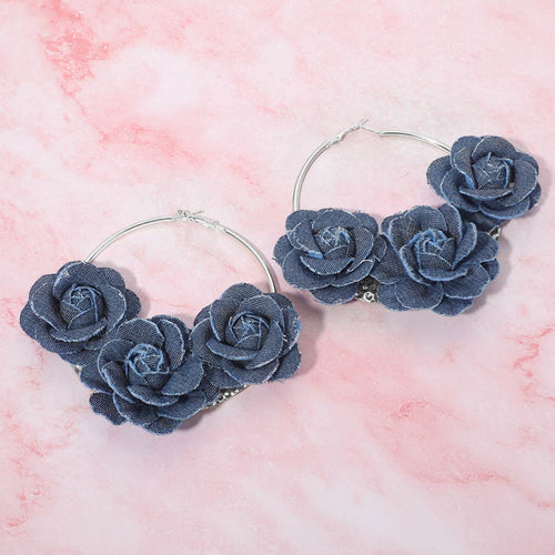 Bold Triple Denim Fabric Rose Beaded Hoop Earrings - Rhodium