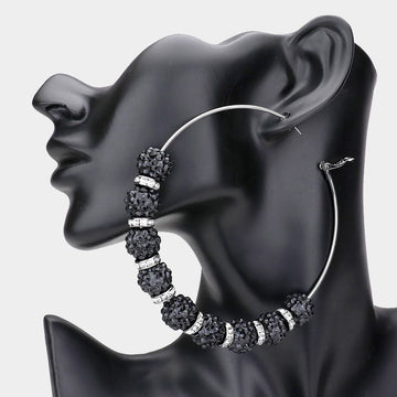 Madeline Love Jet Black Shamballa Ball Hoop Earrings