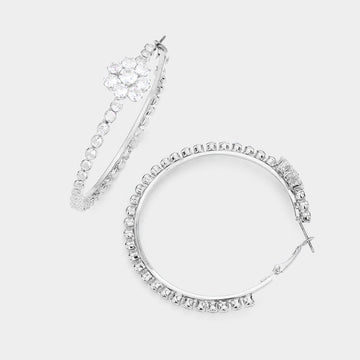 Madeline Love Silver Bubble Stone Flower Accented Hoop Earrings