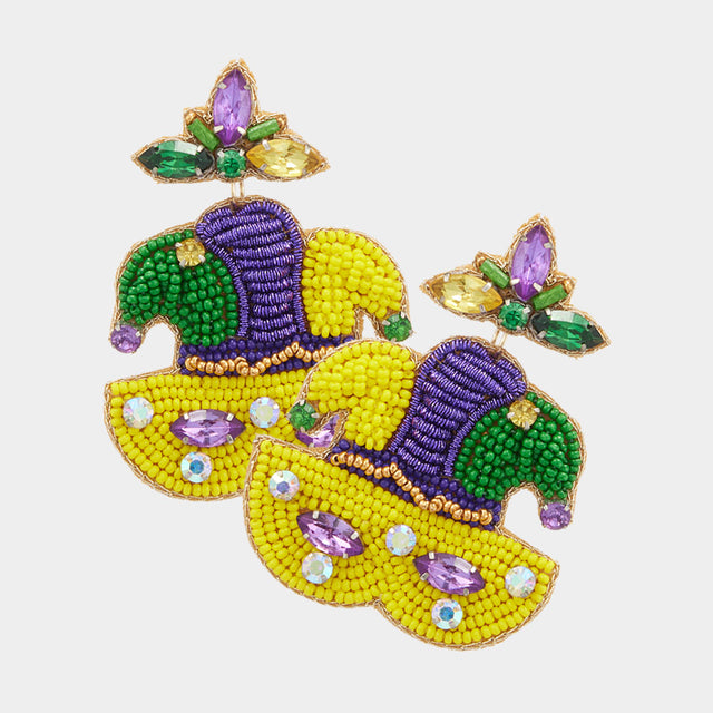 Multi Felt Back Mardi Gras Mask Beaded Dangle Earrings