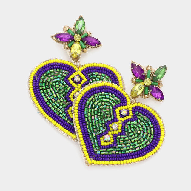 Multi Mardi Gras Felt Back Beaded Heart Dangle Earrings