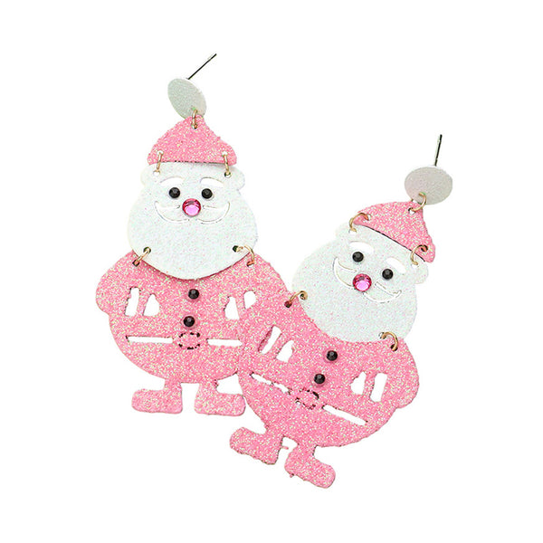 Pink, Glittered Metal Cutout Santa Dangle Earrings