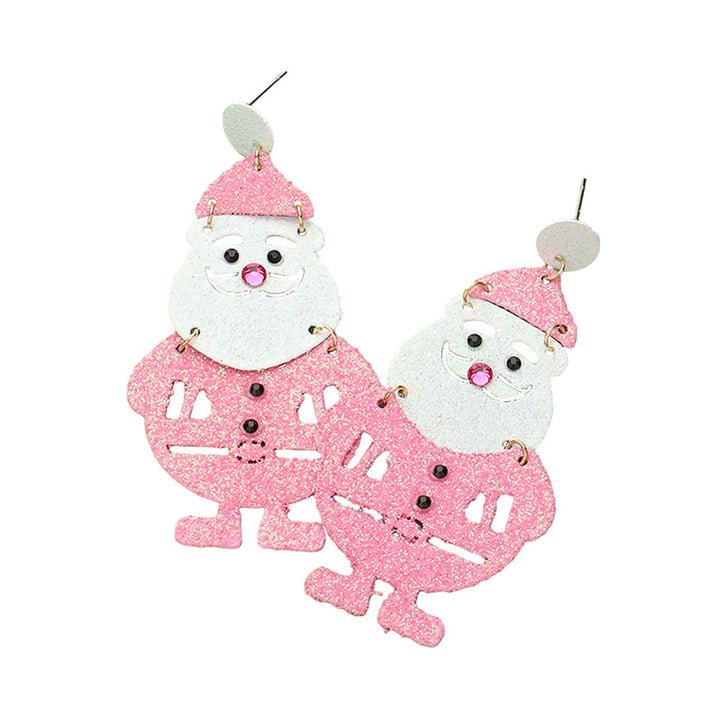 Pink, Glittered Metal Cutout Santa Dangle Earrings