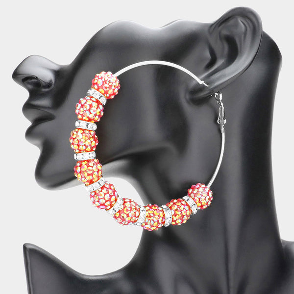 Red Rhodium, Oversized Shamballa Ball Hoop Earrings
