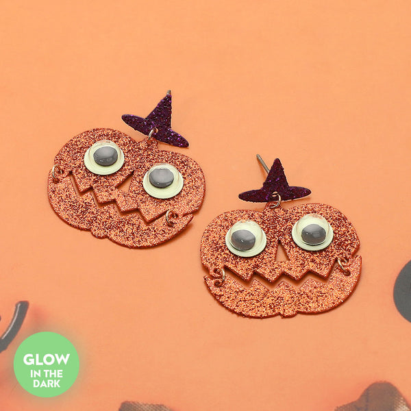 Orange GLOW IN THE DARK Halloween Pumpkin Face Dangle Earrings