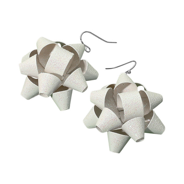 White Playful Christmas Gift Bow Dangle Earrings