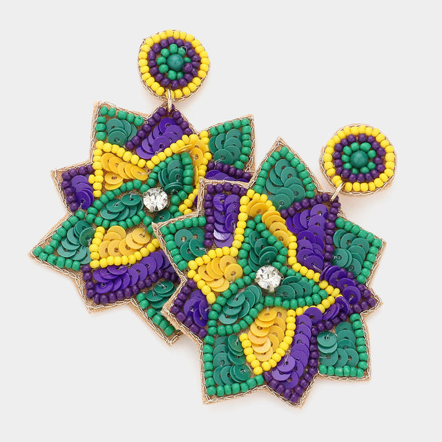 Gold, Multi Felt Back Seed Beaded Mardi Gras Flower Dangle Earrings