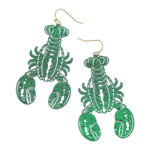 Glitter Cutout Mardi Gras Lobster Charm Drop Earrings - Green