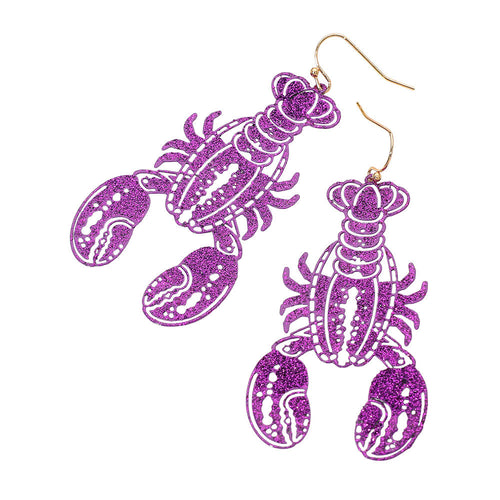 Glitter Cutout Mardi Gras Lobster Charm Drop Earrings - Purple