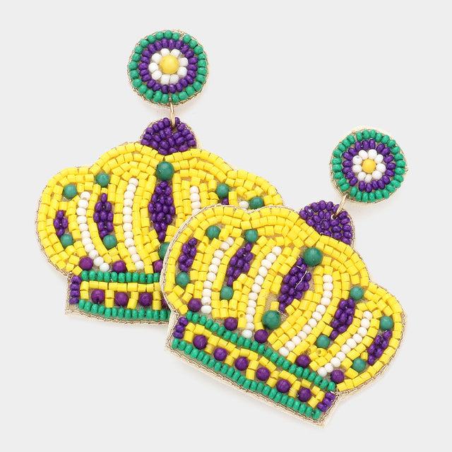Gold, Multi Felt Back Seed Beaded Mardi Gras Crown Dangle Earrings