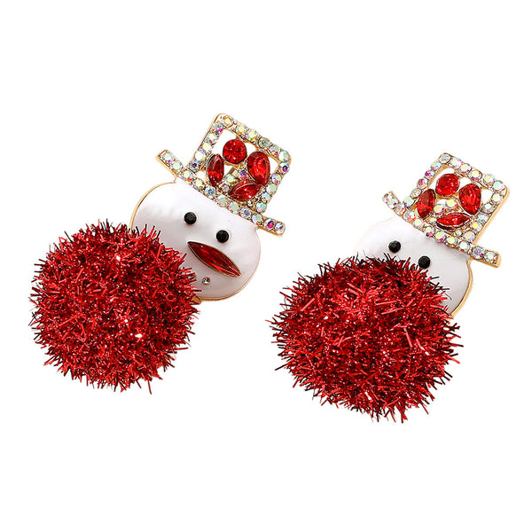 Gold Red Pom Pom Stone Paved Hat Snowman Earrings