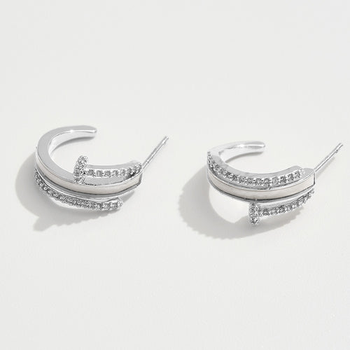White Gold Dipped CZ Stone Paved Nail Head Mother of Pearl Inlay Mini Hoop Earrings - Silver
