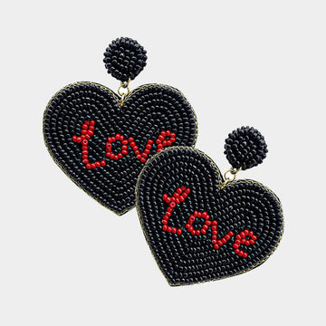 Love Message Felt Back Seed Beaded Heart Dangle Earrings - Black - Earrings