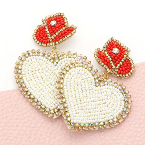 Felt Back Beaded Hat Heart Link Dangle Earrings - Ivory