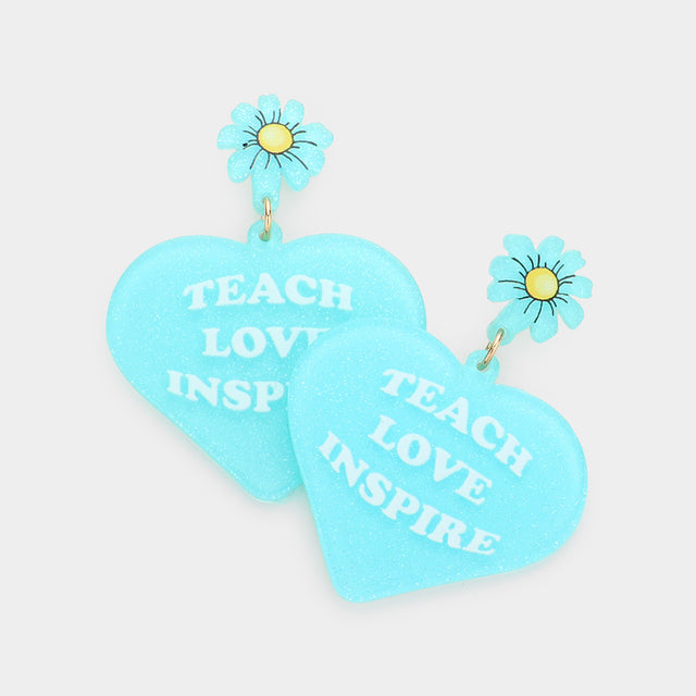 Madeline Love Light Blue Teach Love Inspire Message Glittered Flower Heart Link Dangle Earrings