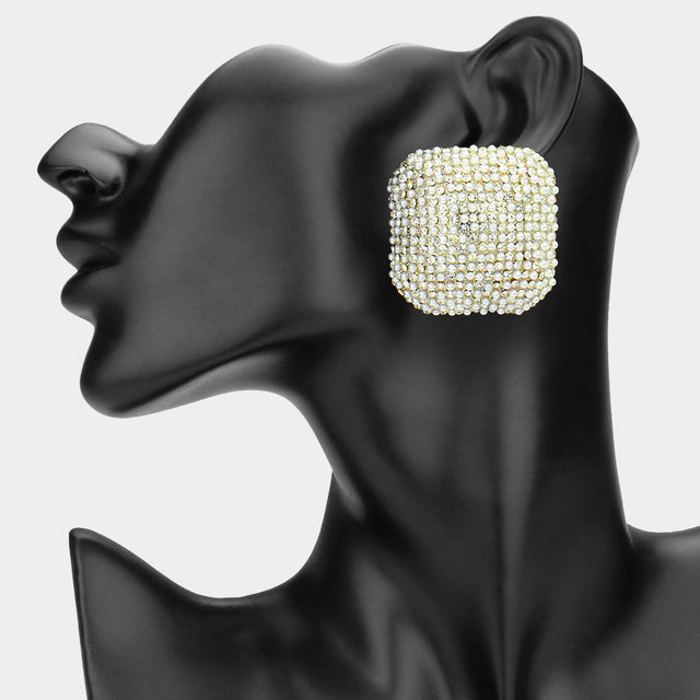 Madeline Love Cream, Gold Bold Bling Studded Square Statement Earrings