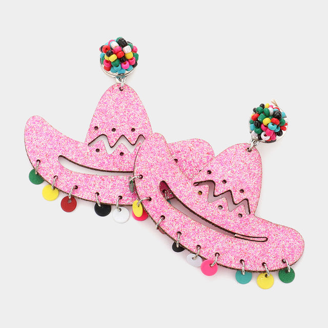 Madeline Love Pink Glittered Cowboy Hat Dangle Earrings