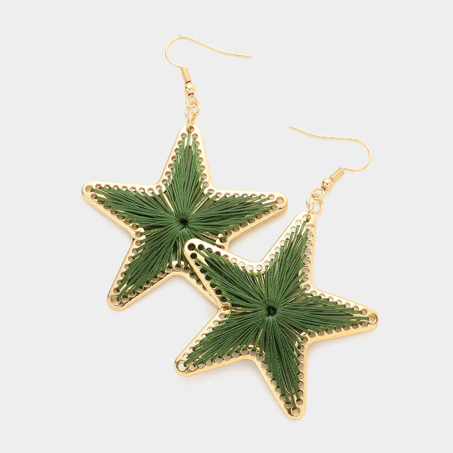 Madeline Love Olive Green Thread Wrapped Star Dangle Earrings