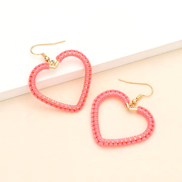 Woven Thread Open Metal Heart Dangle Earrings - Coral - Earrings