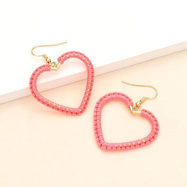 Woven Thread Open Metal Heart Dangle Earrings - Coral - Earrings