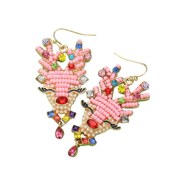 Gold Multi Pink Pearl Stone Embellished Seed Beaded Reindeer Dangle Earrings