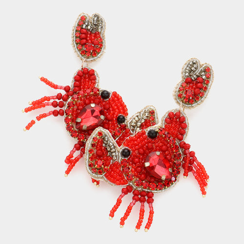 Felt Back Stone Seed Beaded Crab Dangle Earrings - Red