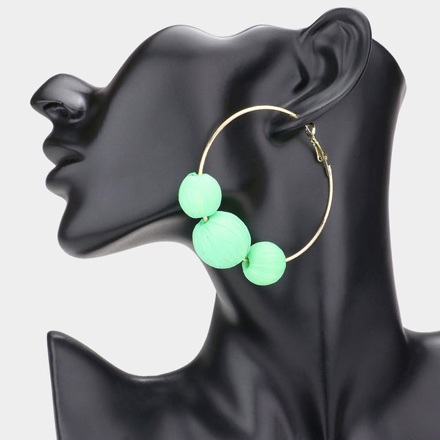 Madeline Love Mint Raffia Wrapped Triple Ball Hoop Earrings