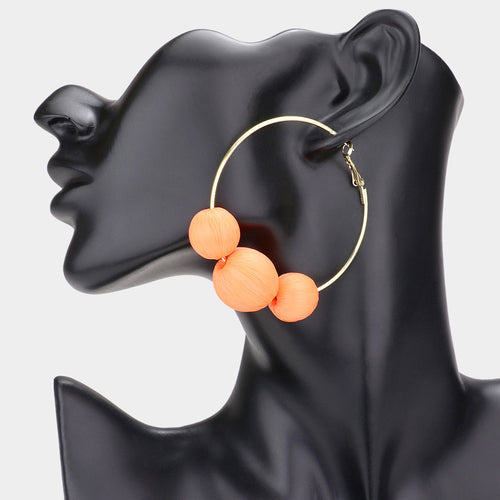 Raffia Wrapped Triple Ball Hoop Earrings - Orange