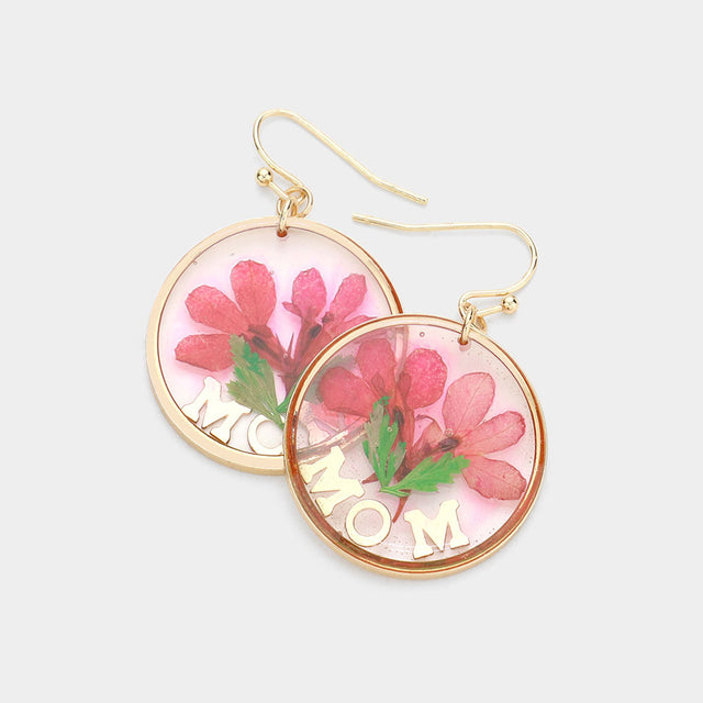 Madeline Love Gold, Lucite, Red MOM Pressed Flower Clear Lucite Round Dangle Earrings