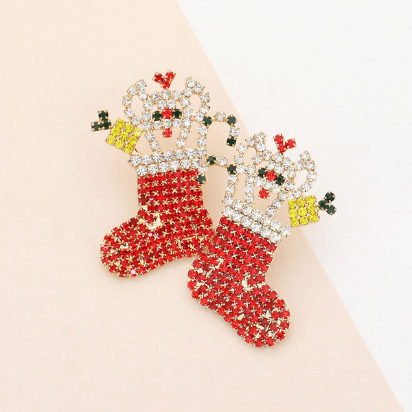 Clear Gold, Rhinestone Pave Christmas Socks Earrings