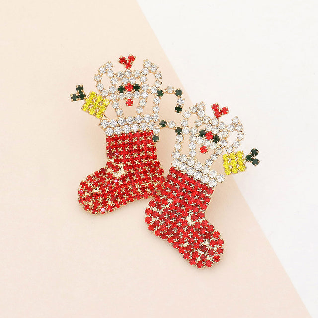 Clear Gold, Rhinestone Pave Christmas Socks Earrings