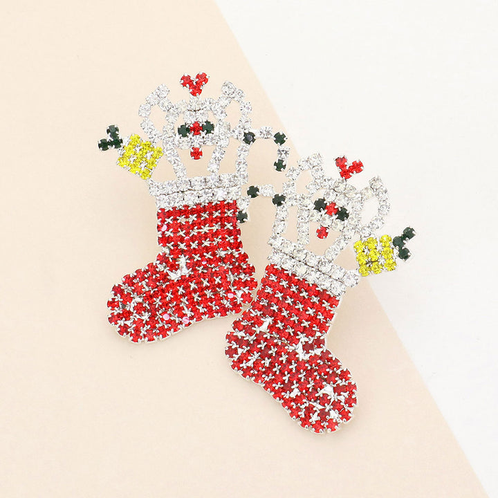 Clear Silver, Rhinestone Pave Christmas Socks Earrings
