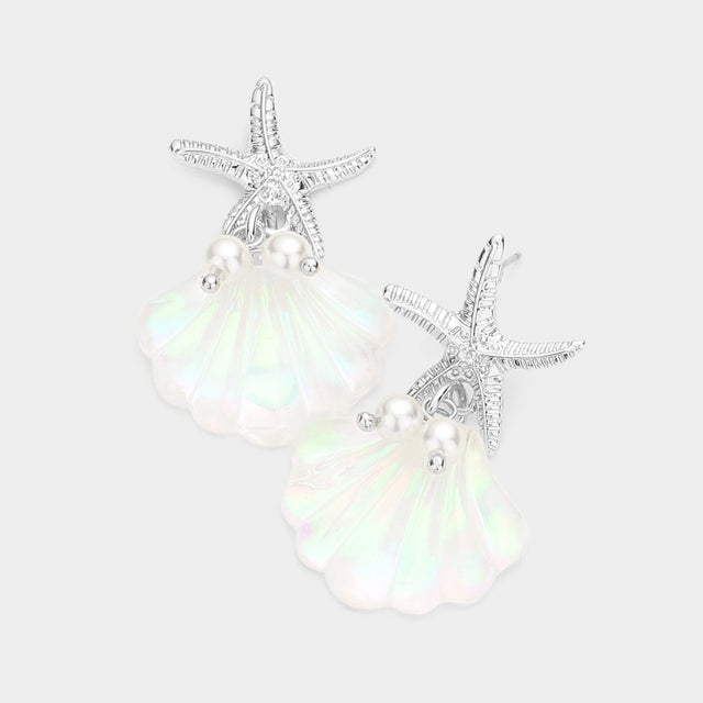 Madeline Love Rhodium Metal Starfish Pearl Shell Link Dangle Earrings