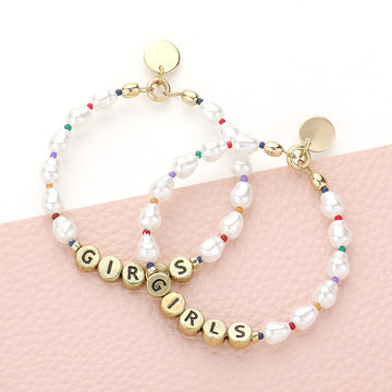 Madeline Love Cream, Gold Girls Message Pearl Beaded Dangle Earrings
