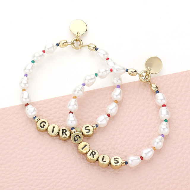 Madeline Love Cream, Gold Girls Message Pearl Beaded Dangle Earrings
