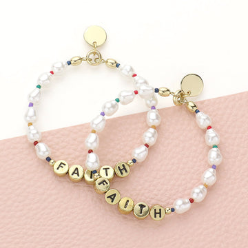 Madeline Love Cream, Gold Faith Message Pearl Beaded Dangle Earrings