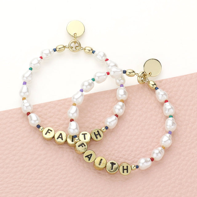 Madeline Love Cream, Gold Faith Message Pearl Beaded Dangle Earrings