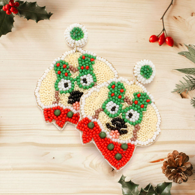 Madeline Love Multi Felt Back Seed Beaded Christmas Tree Glasses Dog Dangle Earrings