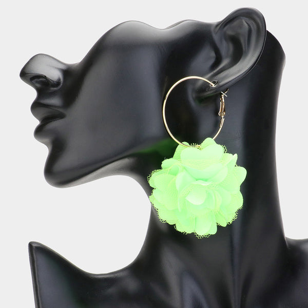 Green Fabric Rose Dangle Earrings