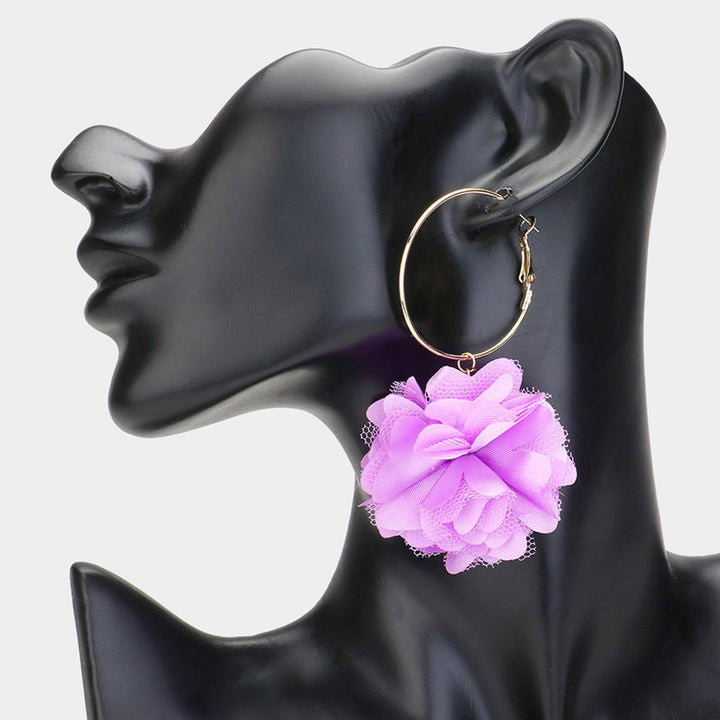 Purple Fabric Rose Dangle Earrings