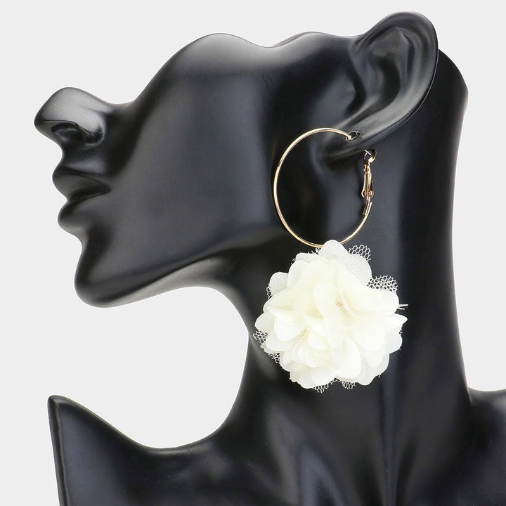 Ivory Fabric Rose Dangle Earrings