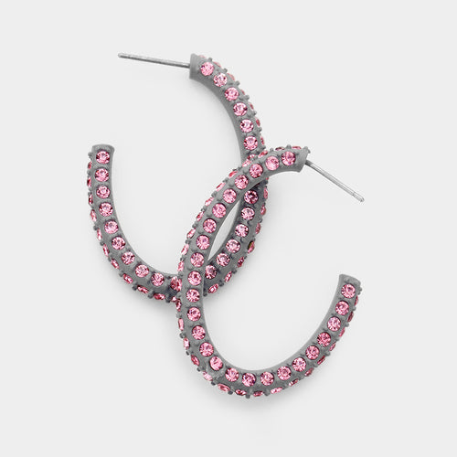 Resin Colorful Rhinestone Pave Hoop Earrings - Gray, Pink