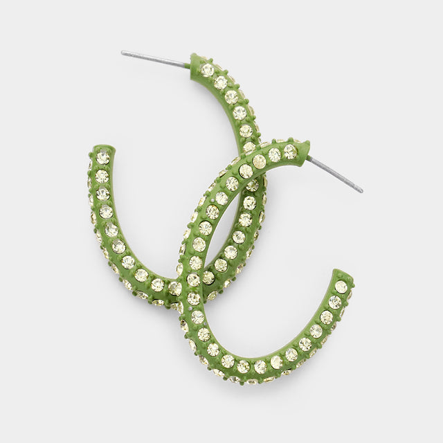Madeline Love Olive Green, Yellow Resin Colorful Rhinestone Pave Hoop Earrings