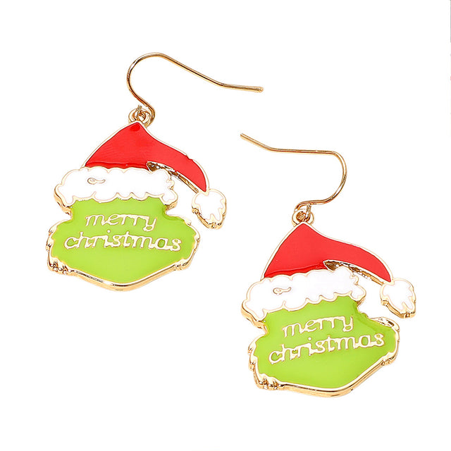 Gold MERRY CHRISTMAS Message Grinch Santa Dangle Earrings