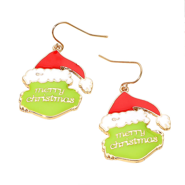 Gold MERRY CHRISTMAS Message Grinch Santa Dangle Earrings