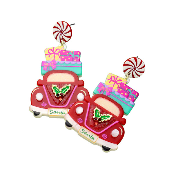 Red Resin Christmas Santa Car Dangle Earrings