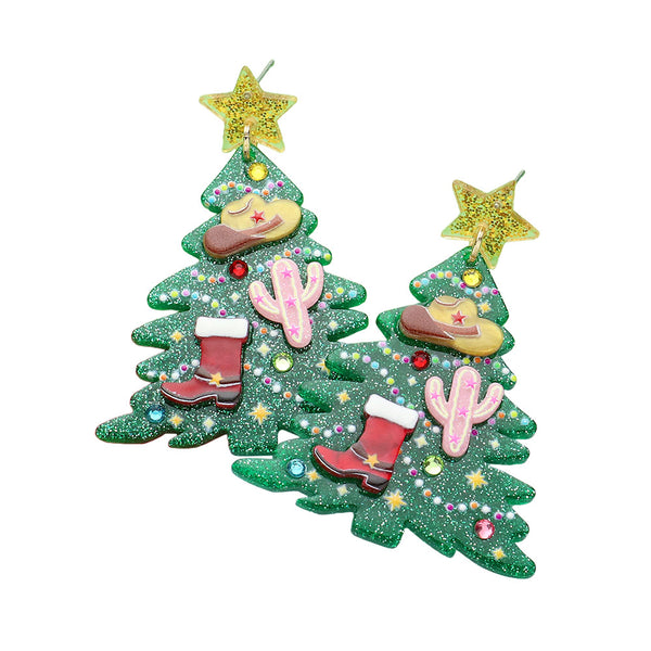 Green Glittered Resin Western Cowboy Christmas Tree Dangle Earrings